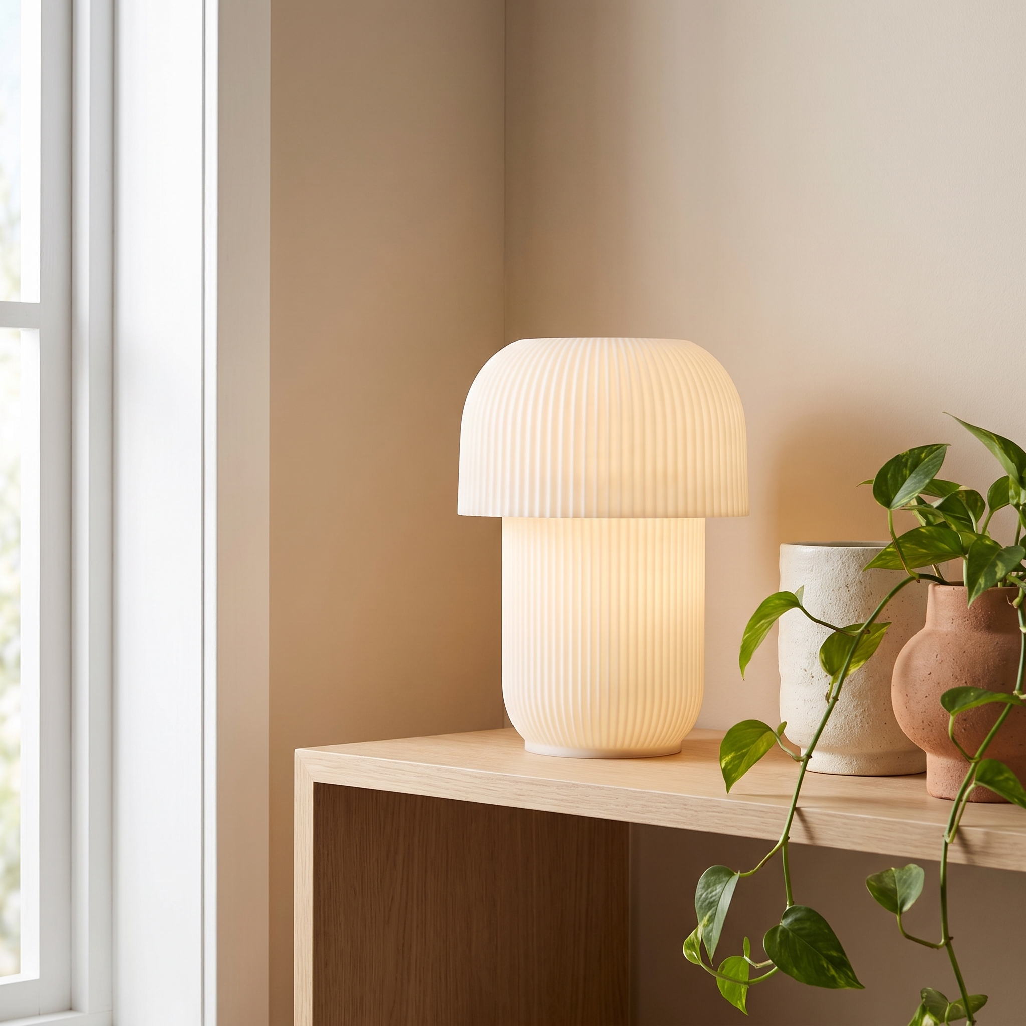Truco Table Lamp styled on a timber shelf with a plant