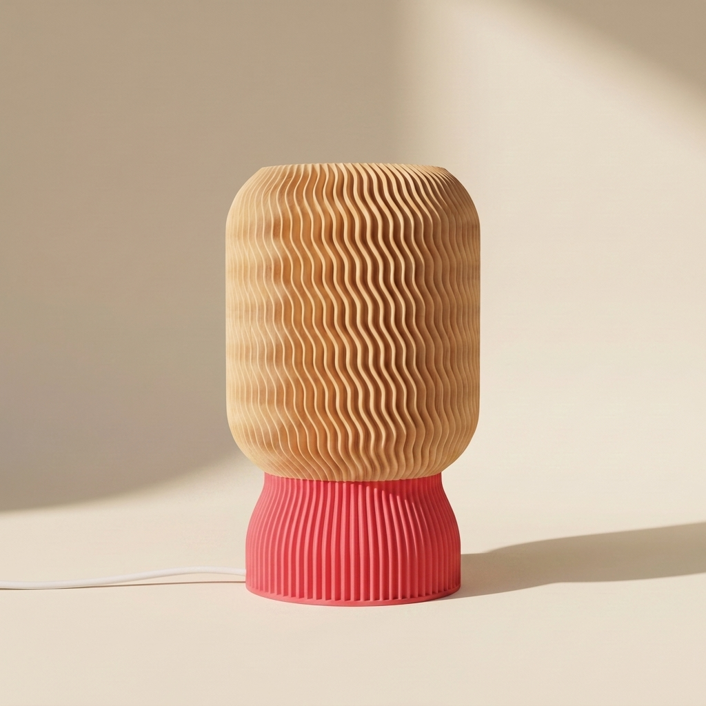 Malibu Table Lamp — Natural Wood shade, Strawberry Red base