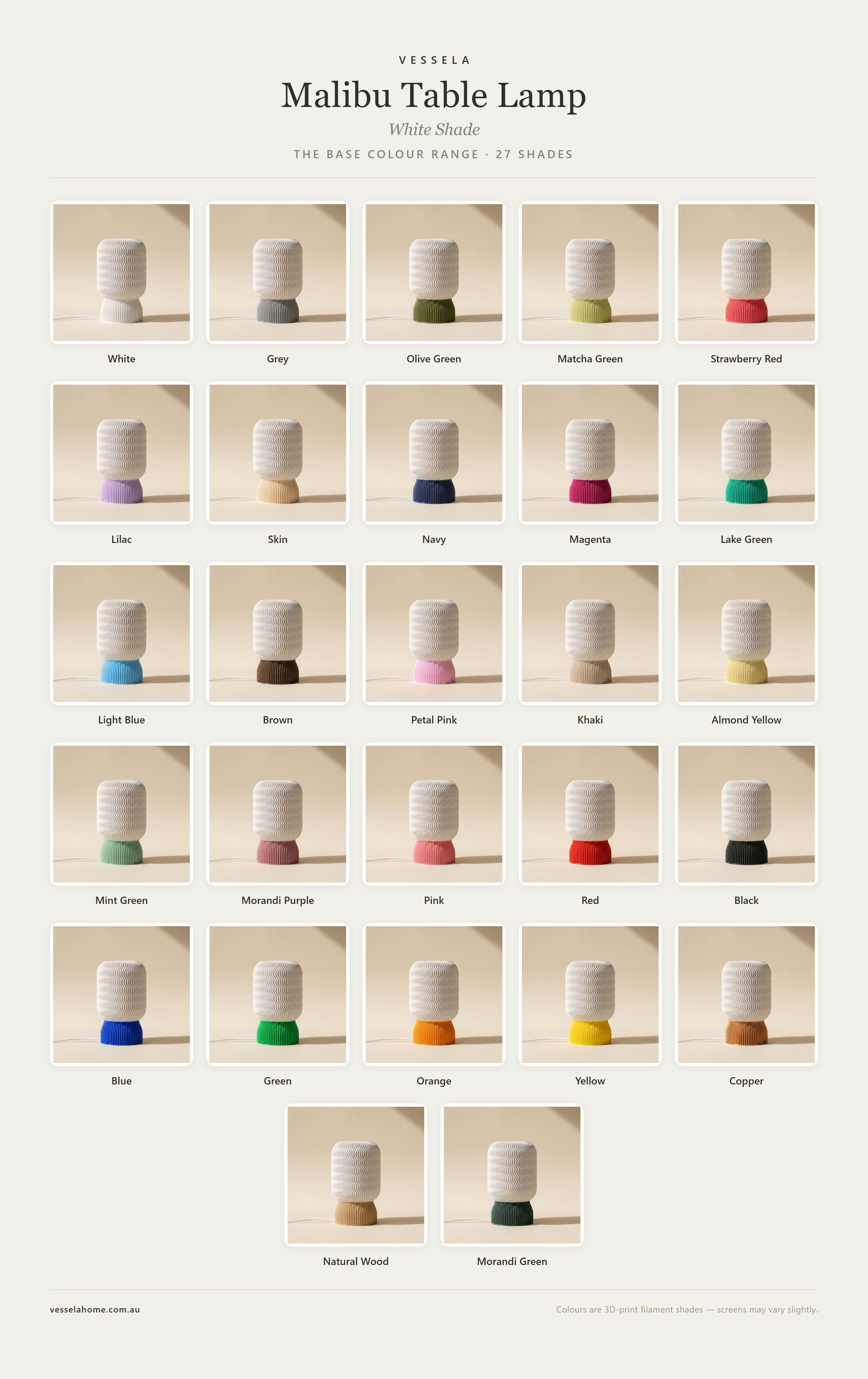 Malibu Table Lamp — White shade colour range · 27 base colours