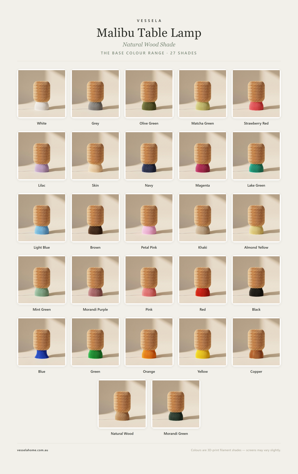 Malibu Table Lamp — Natural Wood shade colour range · 27 base colours