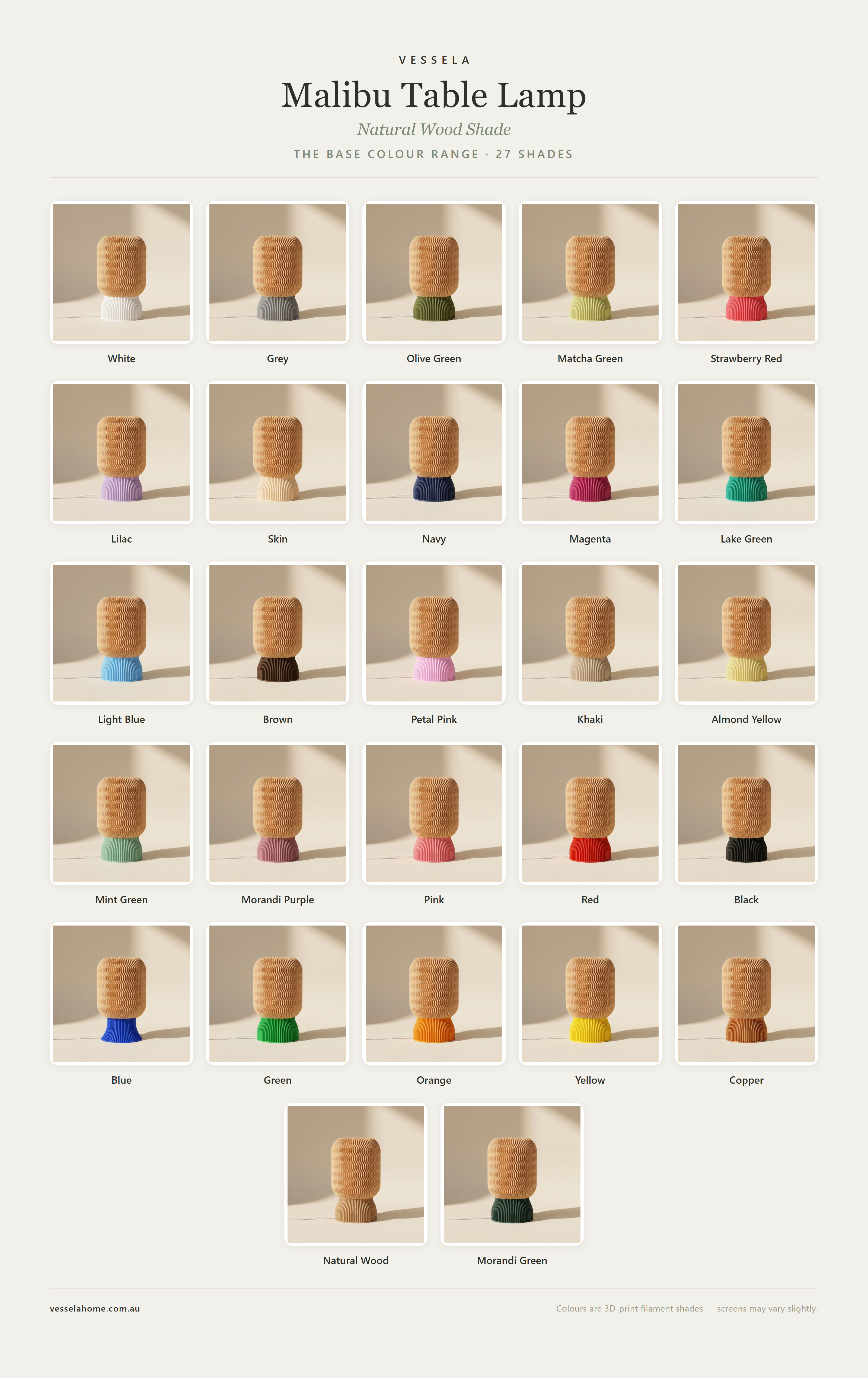 Malibu Table Lamp — Natural Wood shade colour range · 27 base colours