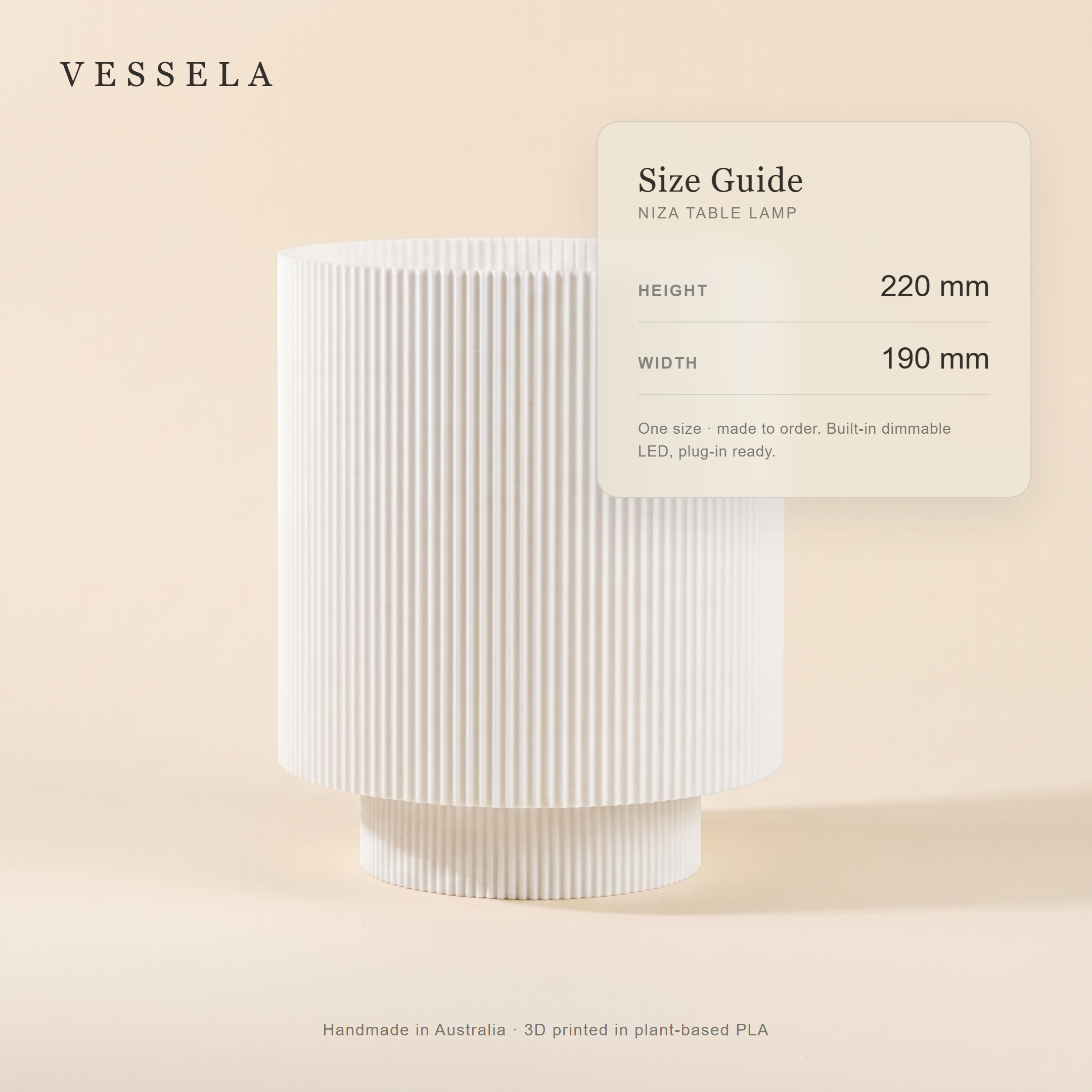 Niza Table Lamp size guide — 190 mm wide × 220 mm tall